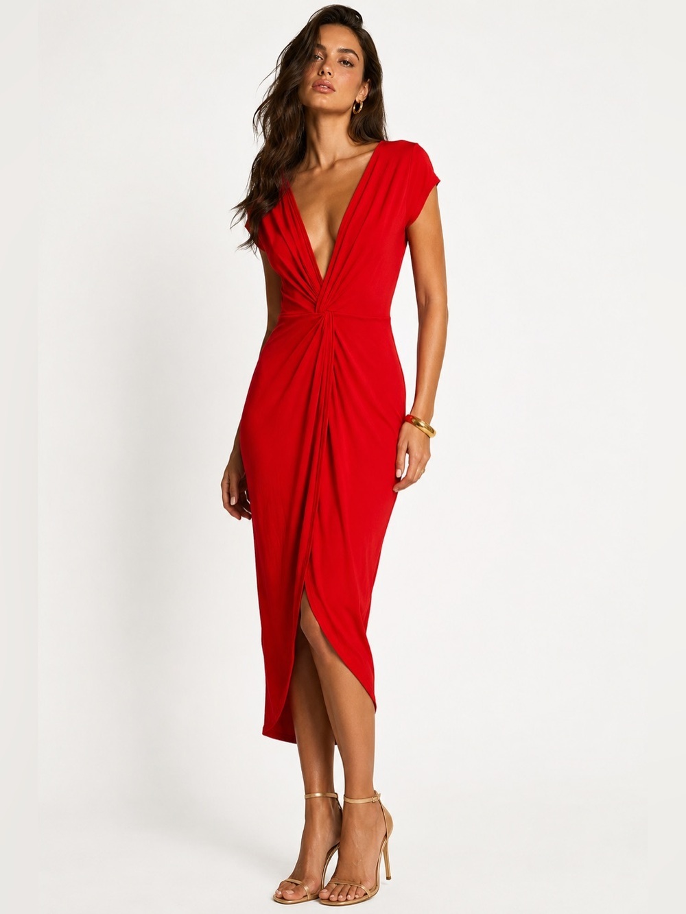 Rolla Coster Red Draped Faux Wrap Midi Dress Size M